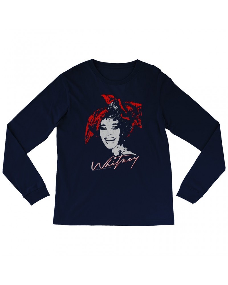 Whitney Houston Long Sleeve Shirt | 1987 Red Scarf Photo Design With Logo Distressed Shirt $6.43 Shirts