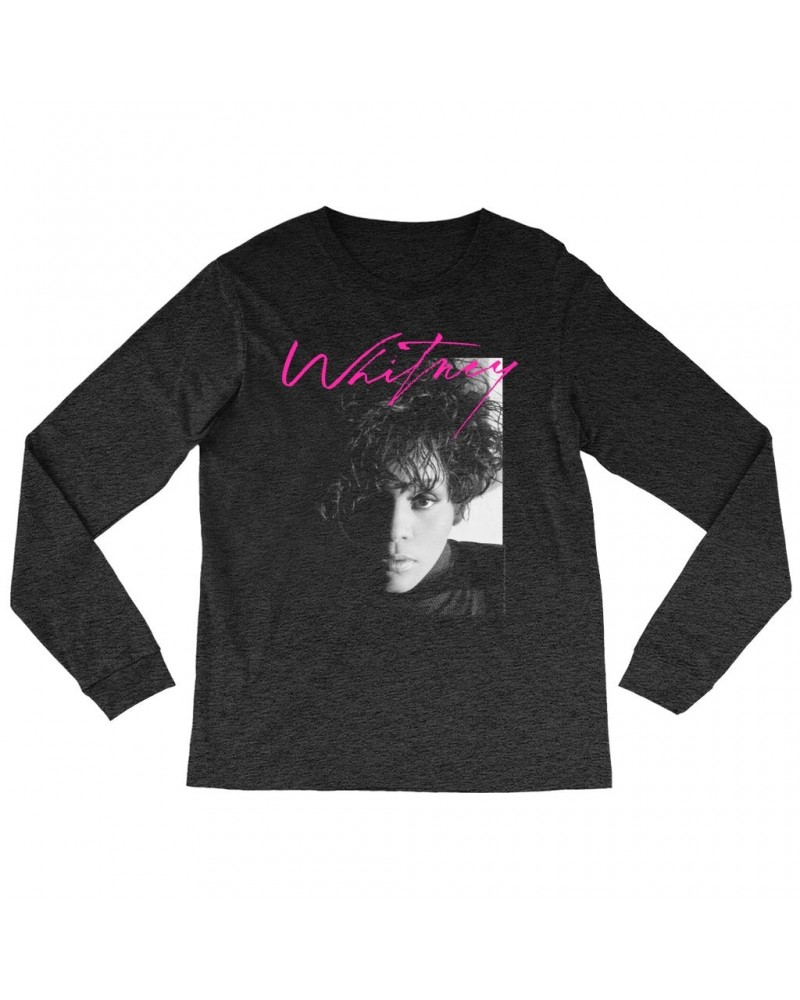 Whitney Houston Heather Long Sleeve Shirt | Dramatic Lighting Photo And Pink Signature Image Shirt $7.19 Shirts