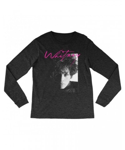 Whitney Houston Heather Long Sleeve Shirt | Dramatic Lighting Photo And Pink Signature Image Shirt $7.19 Shirts