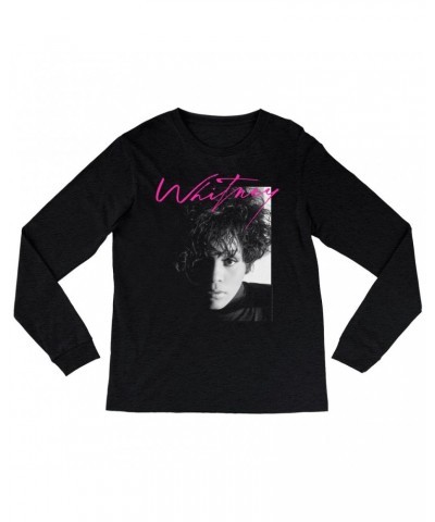 Whitney Houston Heather Long Sleeve Shirt | Dramatic Lighting Photo And Pink Signature Image Shirt $7.19 Shirts