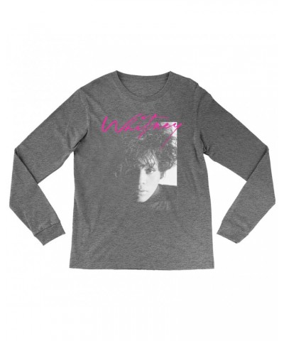 Whitney Houston Heather Long Sleeve Shirt | Dramatic Lighting Photo And Pink Signature Image Shirt $7.19 Shirts