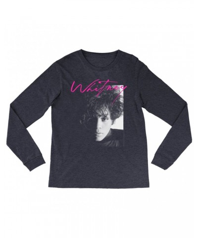 Whitney Houston Heather Long Sleeve Shirt | Dramatic Lighting Photo And Pink Signature Image Shirt $7.19 Shirts