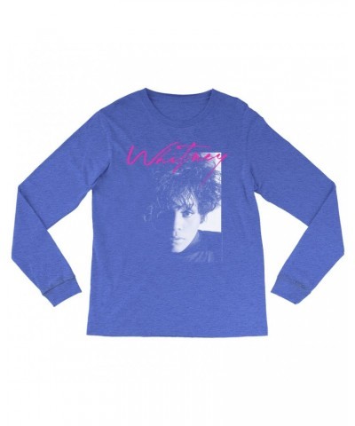 Whitney Houston Heather Long Sleeve Shirt | Dramatic Lighting Photo And Pink Signature Image Shirt $7.19 Shirts