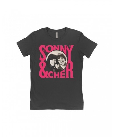 Sonny & Cher Ladies' Boyfriend T-Shirt | Retro Pink Logo And Photo Shirt $13.24 Shirts